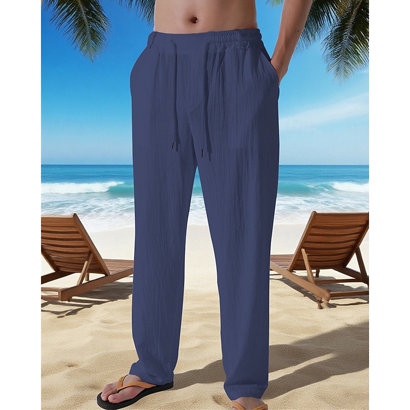 Men's Linen Pants Trousers Summer Pants Beach Pants Pocket Elastic Waist Drawstring Plain Comfort Breathable Vacation Daily Holiday Hawaiian Boho Dark Khaki Black4
