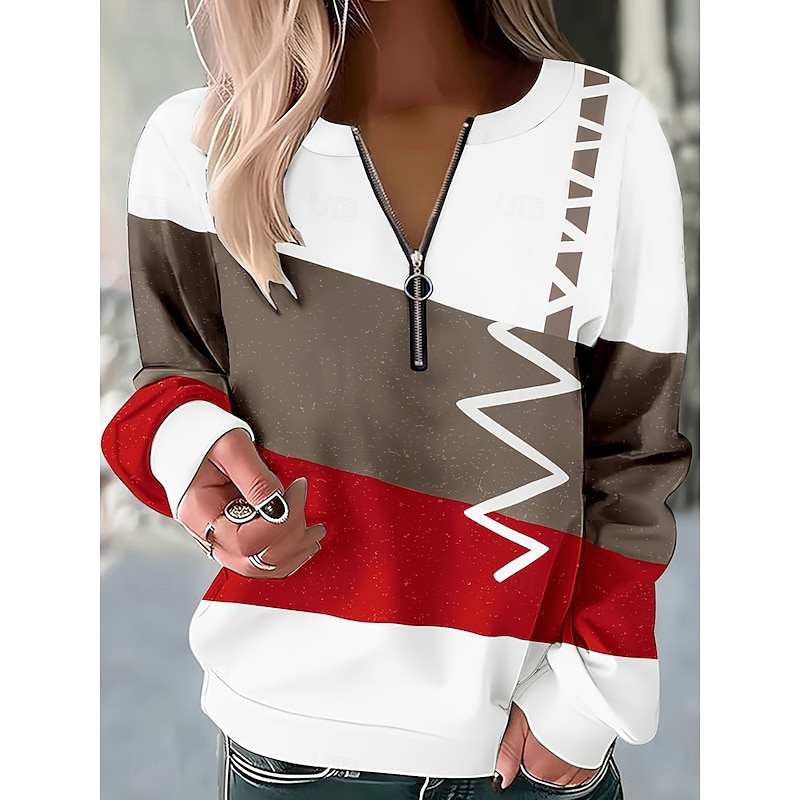 Women's Quarter Zipper Sweater Pullover Graphic Geometric Abstract Fashion Casual Long Sleeve Crew Neck Regular Tops Street Dailywear Print Red Fall Winter