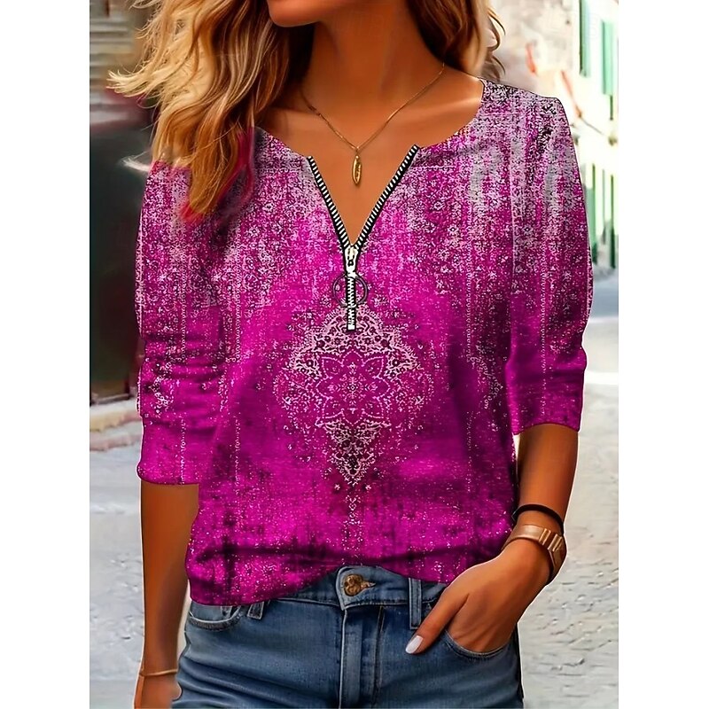 Women's T shirt Long Sleeve Quarter Zip Long Sleeve Casual Graphic Color Gradient Abstract Bohemia Vintage Stylish V Neck Regular Tops Daily Red Fuchsia  Spring Prefall4