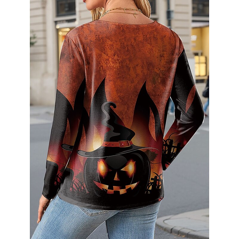 Halloween Women's T shirt Pumpkin Graphic Vintage Stylish Classic Long Sleeve V Neck Regular Tops Daily Cut Out Print Blue Purple Orange Green Spring Fall2