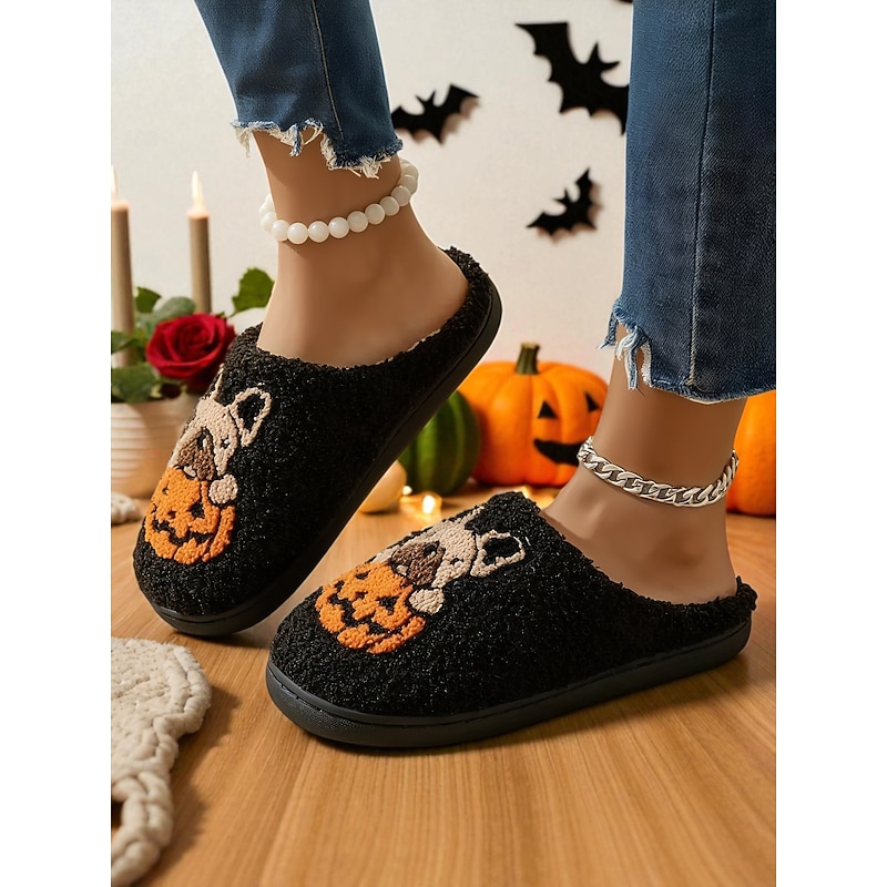 Women's Halloween Fleece Slippers with French Bulldog and Pumpkin Design - Cozy Plush Indoor House Shoes for Ladies and Teens, Ideal for Fall, Holiday Gifts, and Comfortable Lounging4