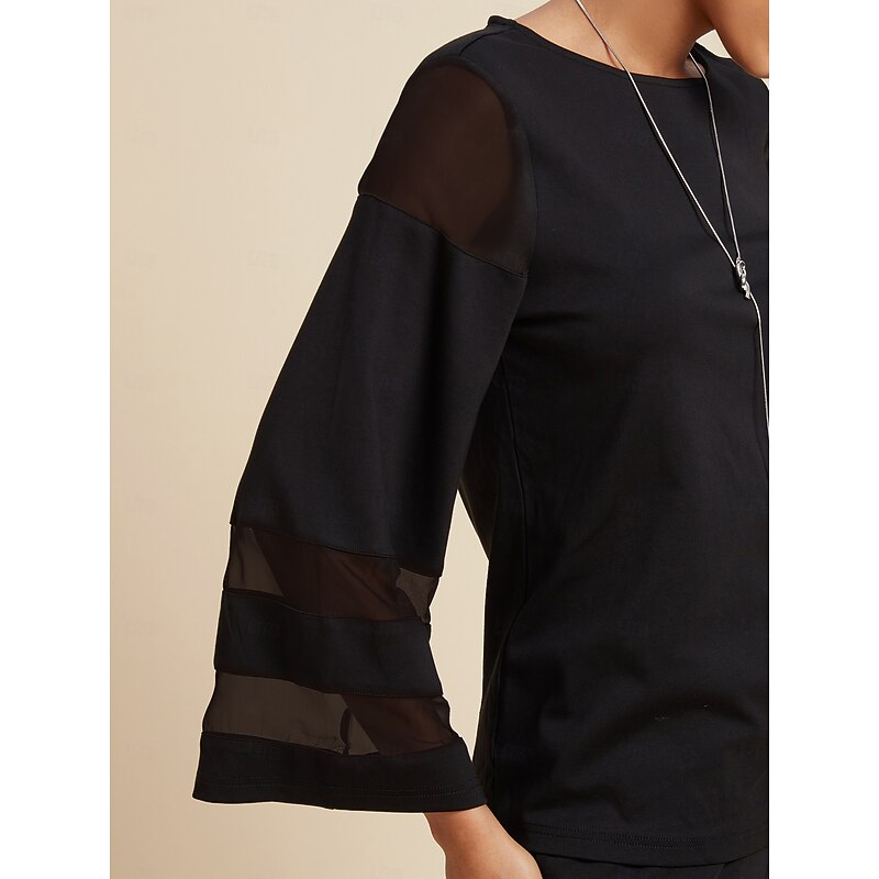 Women's Casual Style Chiffon Modal Solid / Plain Color Daily Wear Date Going out Illusion Sleeve Black Crewneck Pure Color Loose Long Sleeve Elegant Casual Daily Crew Neck Spring & Summer3