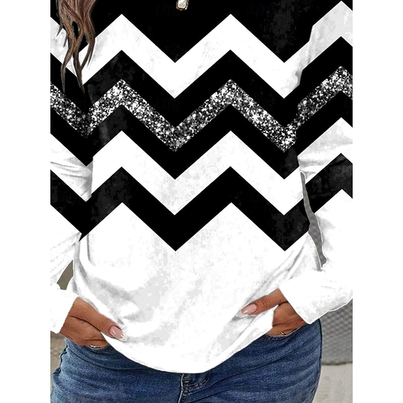 Women's T shirt Crew Neck Long Sleeve Tunic Graphic Geometric Striped Vintage Stylish  Round Neck Regular Tops Daily Print Black and White Fall3