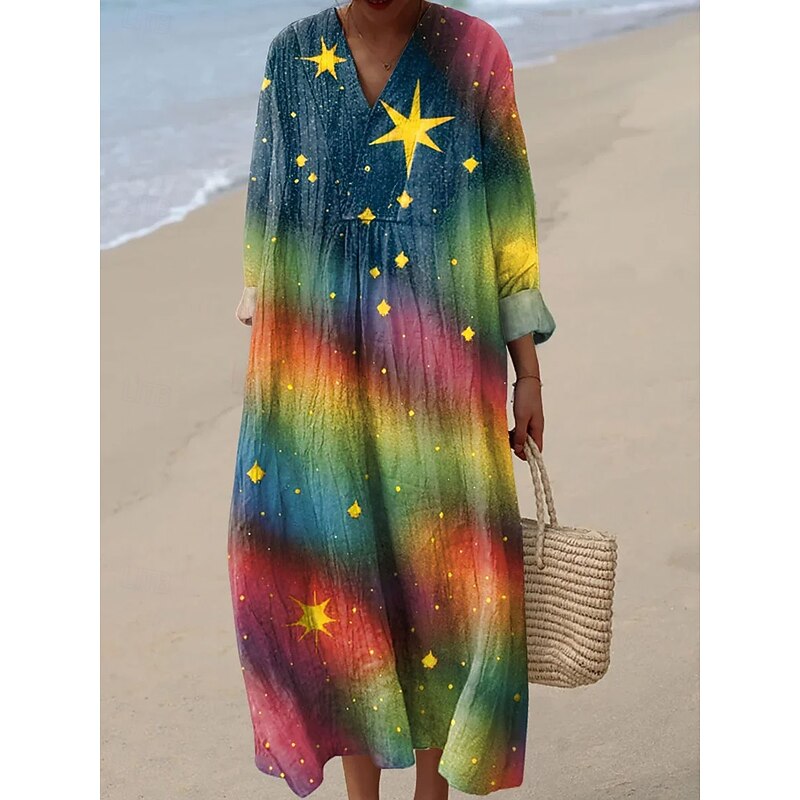 Women's Midi Dress V Neck Long Sleeve Kaftan Lightweight Loose Fit A Line Dress Casual Boho Party Loose Fit Graphic Geometric Abstract Long Sleeve V Neck White Pink Blue Brown Fall4