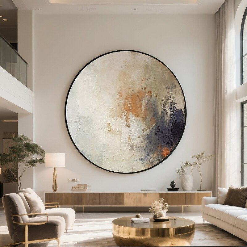 Handmade Circular Abstract Oil Painting Bold Impasto Brushstrokes Textured Surface Earthy Ochre Amber Haze Midnight Blue Accents Modern Gallery Canvas Black Floating Frame Artistic Tension Minimalist2