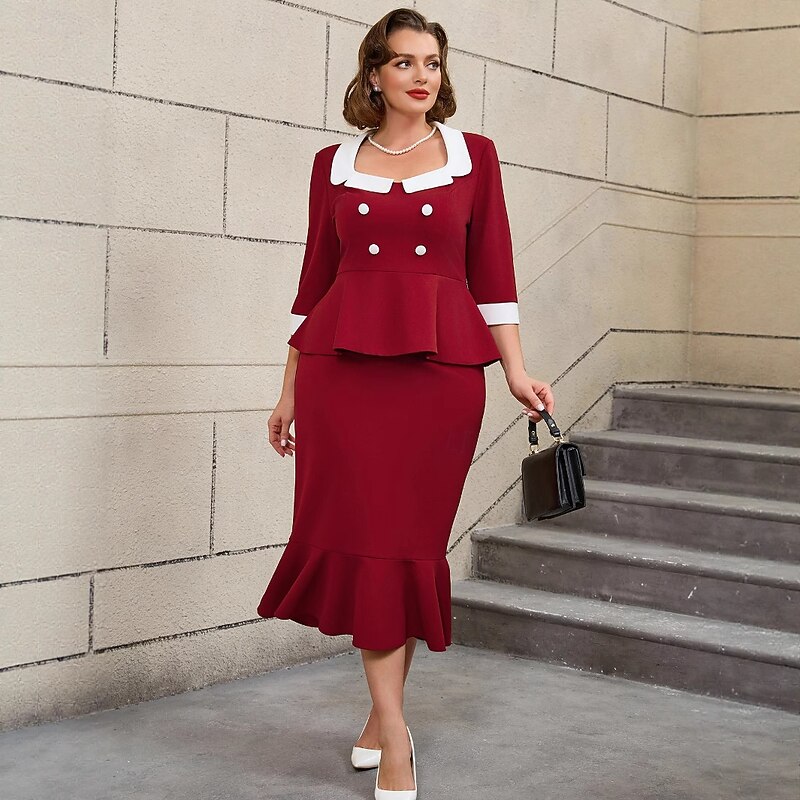 Retro Vintage 1950s 1960s Midi Pencil Skirt Two Piece Set Peplum Top Plus Size Fit and Flare Fancy Dress Women's Formal Party & Evening Retro Theme Party Adults' Dress All Seasons3