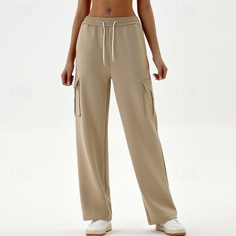 Women's Casual Pants Cargo Sweatpants with Pockets Tummy Control High Waist Gym Workout Athletic Bottoms Solid Color Black Green Khaki Fall Sports Activewear Loose Fit4