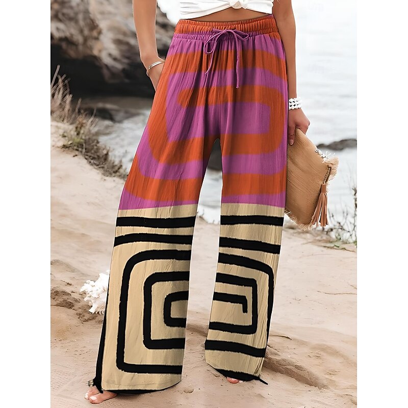 Women's Culottes Wide Leg Wide Leg Chinos Vacation Vintage Ethnic Style Full Length High Waist Graphic Gradient Striped Quick Dry Breathability Soft Inelastic Formal Outdoor Vacation Pinky Black Red4