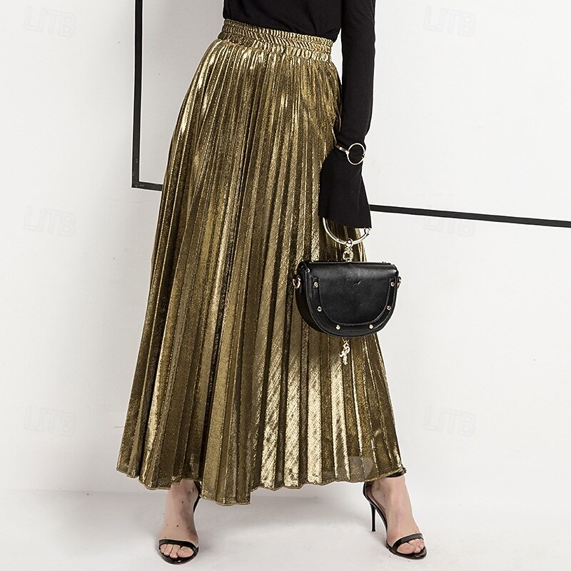 Women's Skirt Fashion Casual Maxi High Waist Skirts Plain Pleated Micro-elastic Casual Daily Weekend Silver Black Golden Red Summer Polyester2