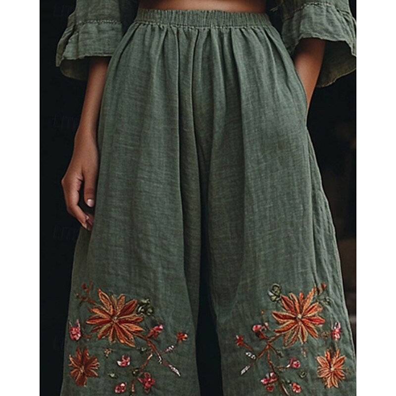 Women's Wide Leg Pants Trousers Palazzo Pants Fashion Boho Full Length High Waist Flower Elastic Waist Print Breathability Comfortable Street Daily Wear Going out Army Green Spring Fall Regular Fit2