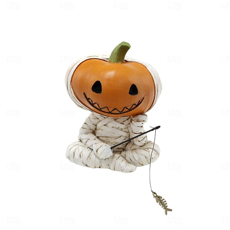 Halloween Resin Bandaged Pumpkin Fishing Figurine, Spooky Outdoor Yard Garden Planter and Desktop Home Decoration2