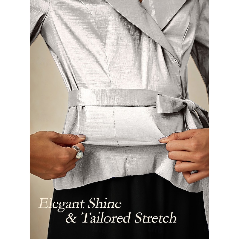 Women's Blouse Evening Tops Elegant Metallic Stylish 3/4 Length Sleeve V Neck Regular Tops Wedding Guest Evening Party Semi Formal Tie Front White Spring, Fall, Winter, Summer2