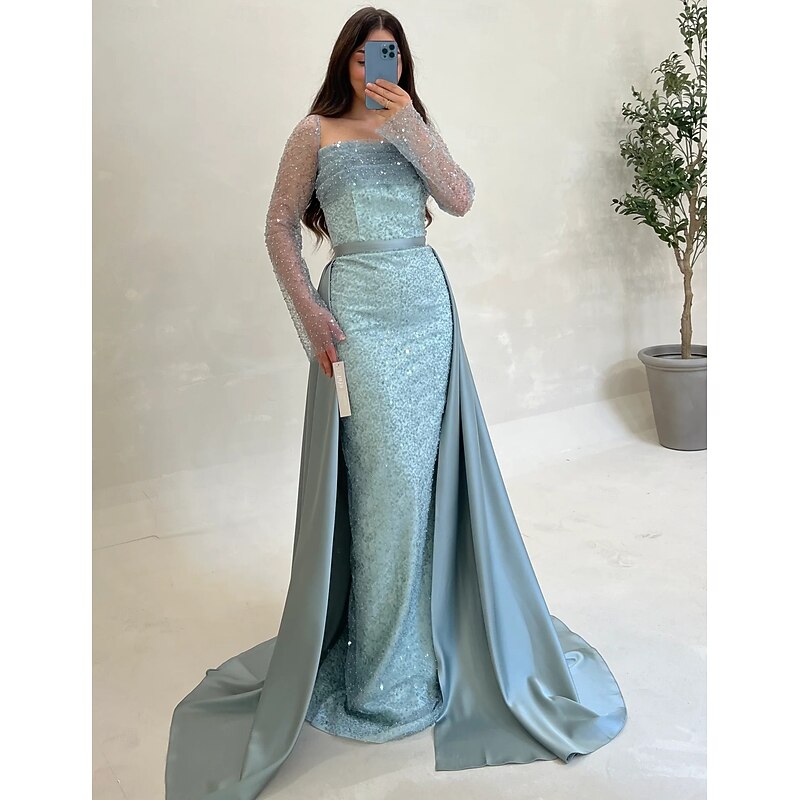 Sequin A-Line Evening Gown Elegant Dress Formal Wedding Guest Floor Length Long Sleeve NeckMother Of the Bride Dress Satin with Glitter Slit2
