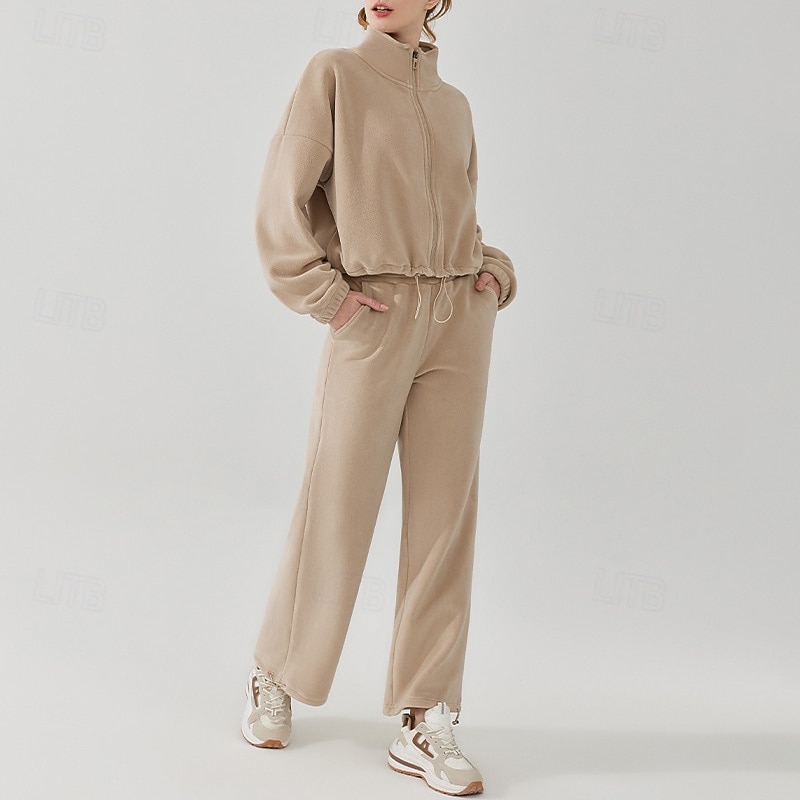 Women's Sport Suit Fleece Sweatsuit Fall Pocket Full Zip Solid Color Clothing Suit Black Khaki Outdoor Running Yoga High Waist Windproof Lightweight Warm Long Sleeve Sport Activewear Loose Fit3