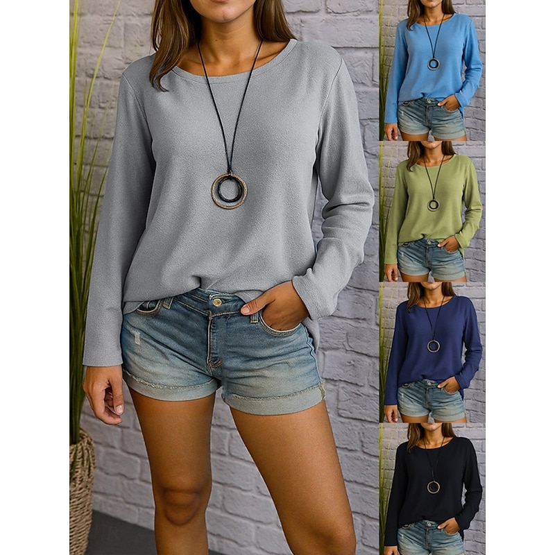Women's Blouse Plain Stylish Modern Long Sleeve Crew Neck Regular Tops Daily Holiday Black Navy Blue Blue Green Gray Summer Spring Fall