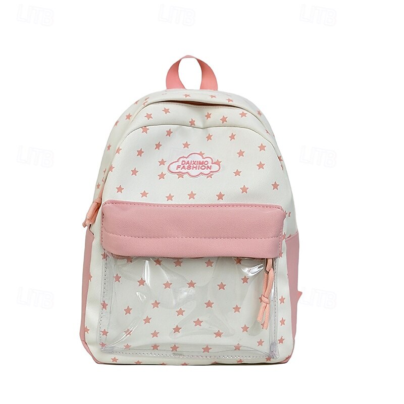 Girls' Cute Star Print Backpack with Clear Front Pocket – Kawaii Canvas School Bag for Teen Students & Back to School3