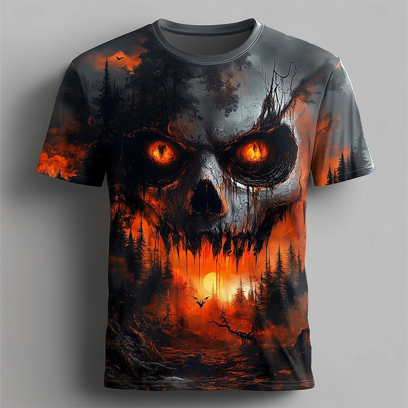 Halloween Men's Skull 3D Flame T Shirt Short Sleeve T shirt 3D Print Crew Neck Shirt Exaggerated Designer Horror Party Street Casual Black White Red Summer Spring All Seasons Clothing Apparel S M L3