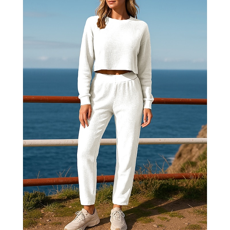 Women's Pullover Sweatshirt Sports Leisure Suits Casual Sweatshirt Set Waffle Solid Colored Clothing Suit Fall & Winter White Khaki Hiking Workout Athletic Windproof Lightweight Long Sleeve Sport4