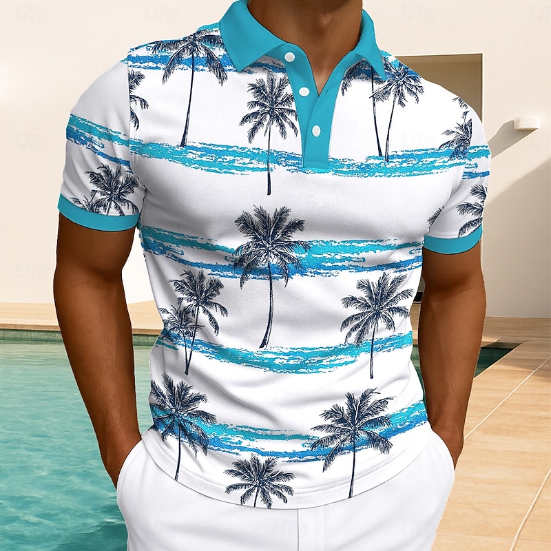Men's Palm Tree Polo Hawaiian Polo Shirts Short Sleeve Polo Shirts Collared Shirts Casual Resort Daily Wear Home Wear Vacation Wear 3D Print Buttons Summer White Light Green Blue3