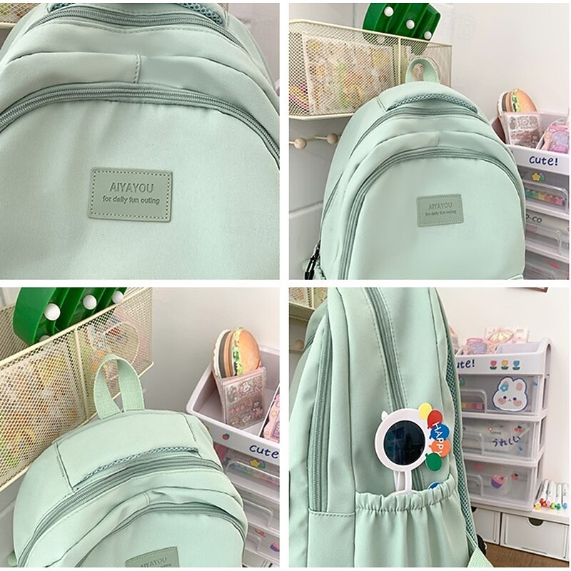 Women's Light Green School Backpack with Cute Plush Bear Keychain, Large Capacity Multi-Pocket Waterproof Bookbag for Teen Girls, College, and Daily Use4
