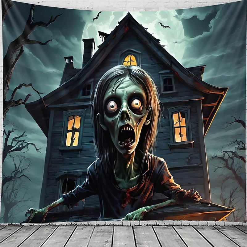 Halloween Hanging Tapestry Zombie Photograph Backdrop Jack O Lantern Wall Art Large Tapestry Mural Decor Blanket Curtain Home Bedroom Living Room Decoration Death Selfie3