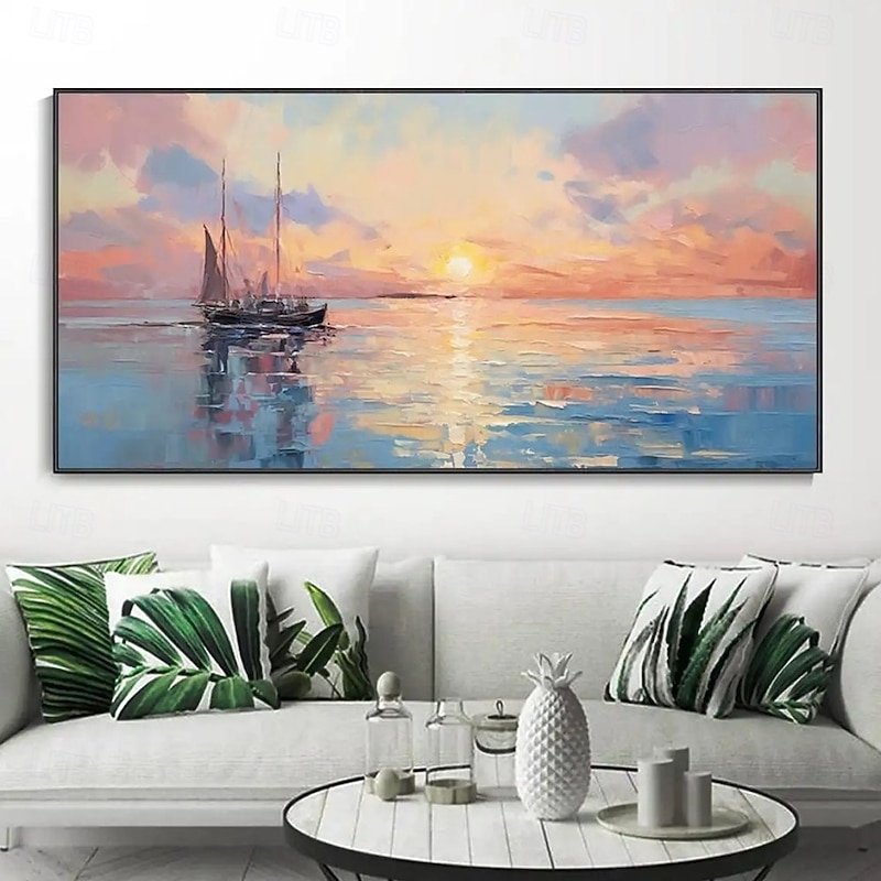 Handmade Oil Painting Canvas Wall Art Decoration Modern Abstract Sunrise  Sailing Boat Sea Landscape for Living Room Home Decor Stretched Frame Hanging Painting/Rolled Frameless Unstretched Painting