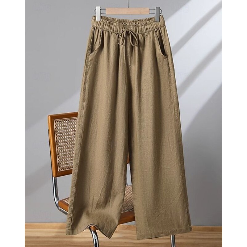 Women's Wide Leg Slacks Streetwear Casual Full Length Natural Plain Pocket Elastic Drawstring Design Comfortable Street Holiday Weekend Apricot Black White Khaki Fall Regular Fit