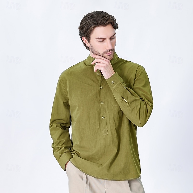 Men's 100% Cotton Shirt Black White Yellow Red Dark Navy Long Sleeve Plain Grandad Collar School Formal Clothing Apparel Minimalist3