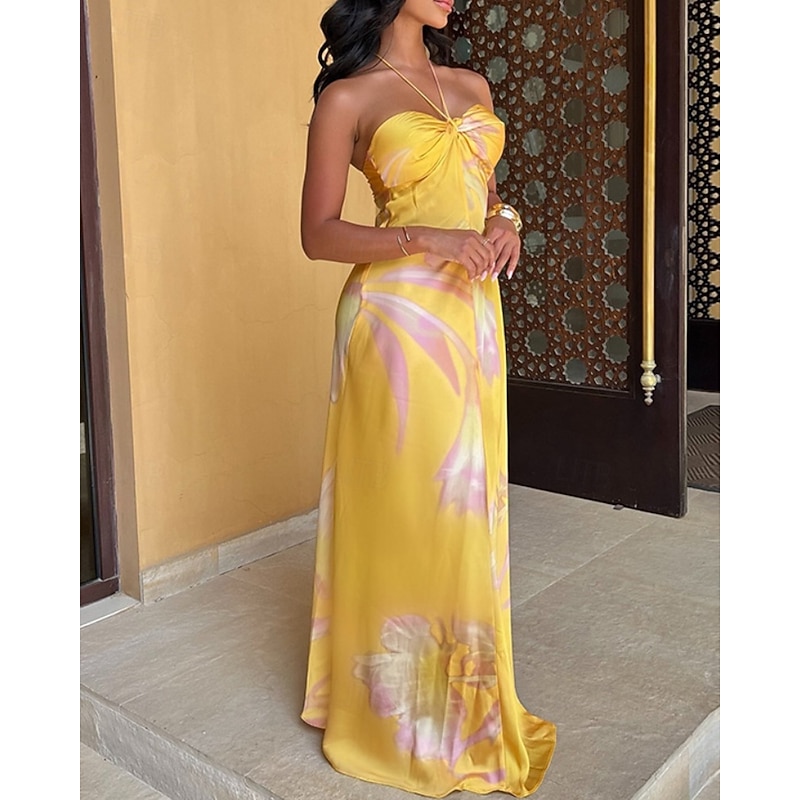 Women's Long Dress Maxi Dress Halter Neck Dress Print Dress Fashion Modern Outdoor Vacation Holiday Regular Fit Flower Sleeveless Halter Neck Yellow Summer2