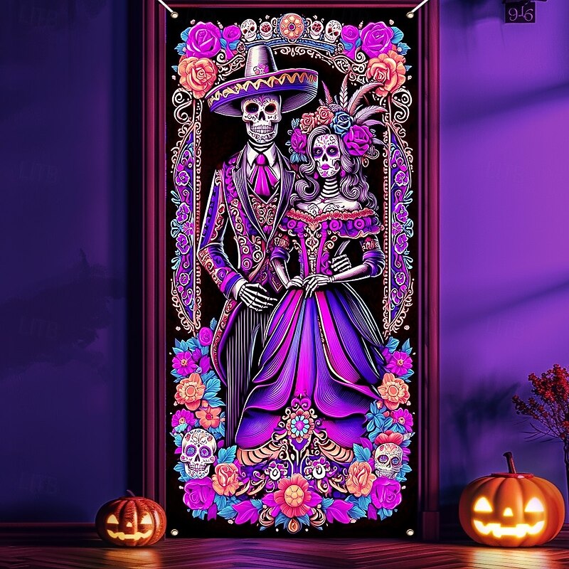 Halloween Door Cover Neon La Catrina Skeleton Bride Banner, Glowing Blacklight Entrance Decoration for Outdoor & Indoor 2025 Halloween Bedroom, Living Room, Bathroom2