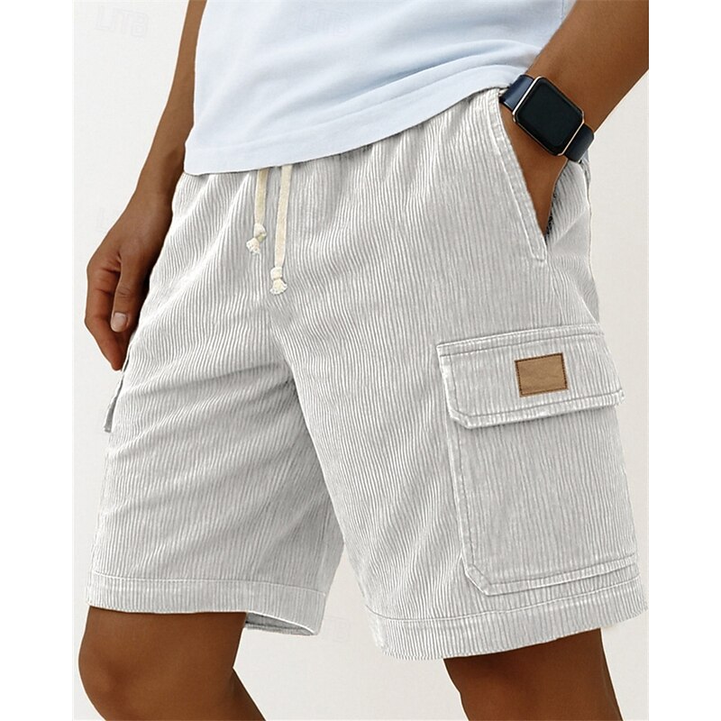 Men's Cargo Shorts Summer Shorts Casual Shorts Corduroy Shorts Elastic Waist Drawstring Multi Pocket Plain Comfort Breathable Short Outdoor Vacation Sport Casual Black White2