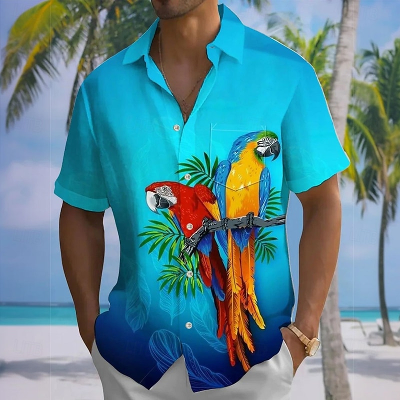 Men's Animal Parrot Gradient Color Summer Hawaiian Shirt Button Up Shirt Aloha Shirt Short Sleeve Hawaiian Holiday Beach Wear Summer Spring Turndown 3D Print Collared Shirts Front One Pocket Red Blue