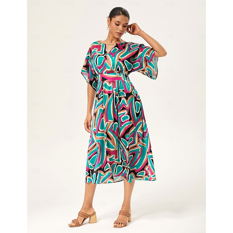 Colorful Abstract Batwing Sleeve Cinched Maxi Dress