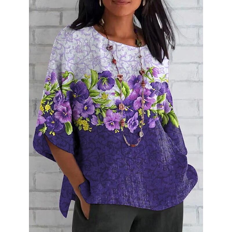 Women's Blouse Long Sleeve Floral Graphic Vintage Stylish Classic 3/4 Length Sleeve Regular Tops Daily Print White Pink Light Purple Purple Summer Spring Fall4