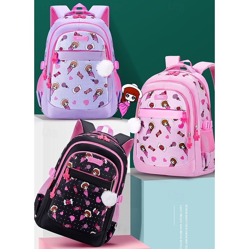 Girls Cartoon Backpack for School – Cute Printed Bookbag with Cat Ears and Pom-Pom Charm, Lightweight Waterproof Schoolbag for Elementary Kids