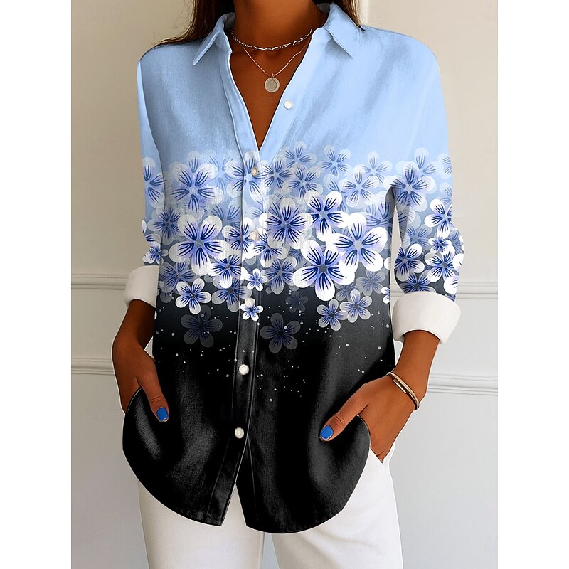 Women's Shirt Button Down Tunic Shirt Collar Long Sleeve Ombre Floral Graphic Elegant Vintage Tropical Regular Tops Work Daily s Print Pink Blue Purple Green Spring4