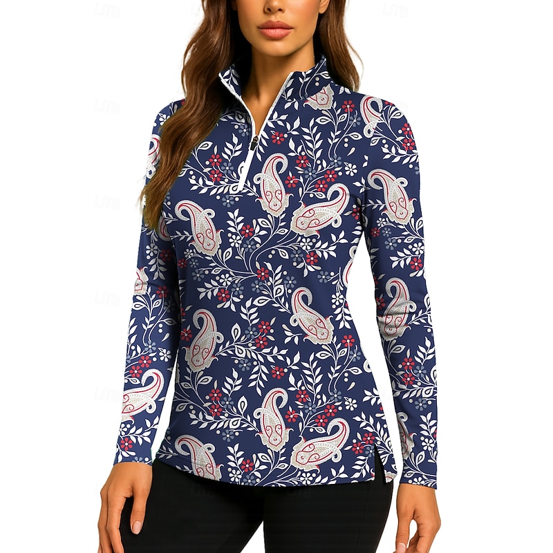 Women's Golf Polo Shirt Tennis Shirt Tennis Tee Long Sleeve Print Quarter Zip Pullover UV Protection Elastic Breathable Volleyball Tennis Golf Zip Collar Shirt Polo Dark Navy Tennis Clothing
