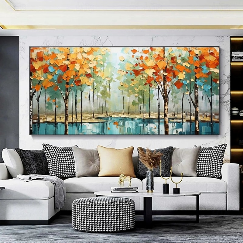 Large Handmade Autumn Tree Oil Painting Golden Foliage Reflected in Blue Water Textured Leaves Above Sofa Cozy Living Room Decor Seasonal Wall Art Tangerine Sunset Warm Atmosphere