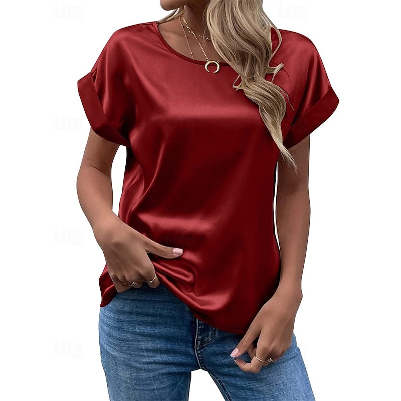Women's T Shirt Tee Top Plain Fashion Modern Short Sleeve Crew Neck Regular Satin Tops Daily Going out Weekend Wine Army Green Navy Blue Khaki Beige Summer3