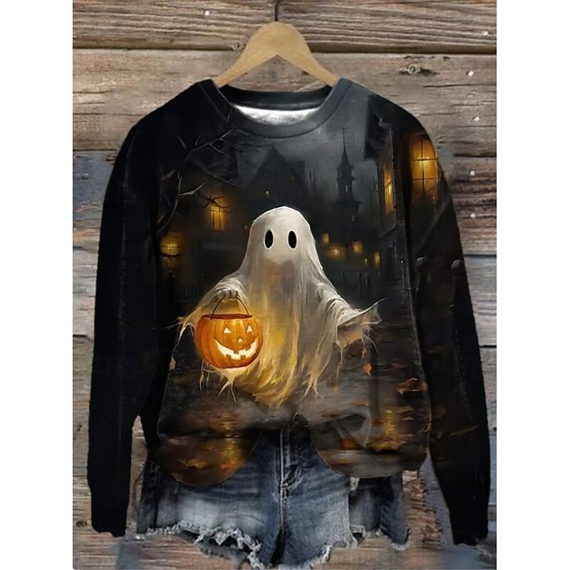 Halloween Women's Pullover Sweatshirt Black Cat Graphic Skull Fashion Casual Long Sleeve Crew Neck Round Neck Regular Tops Street Dailywear Casual Print Black Dark Gray Fall Winter2