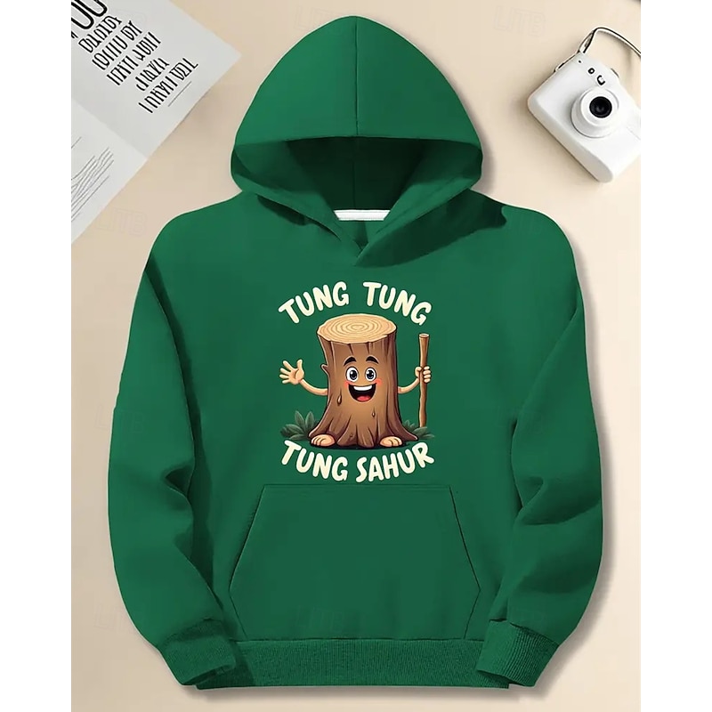 Boys' Long Sleeve Italian Brain Rot Element TUNG TUNG TUNG SAHUR Print  Spring Fall Fashion Streetwear Kids 4-12 Years Hooded Outdoor Casual Daily Regular Fit2