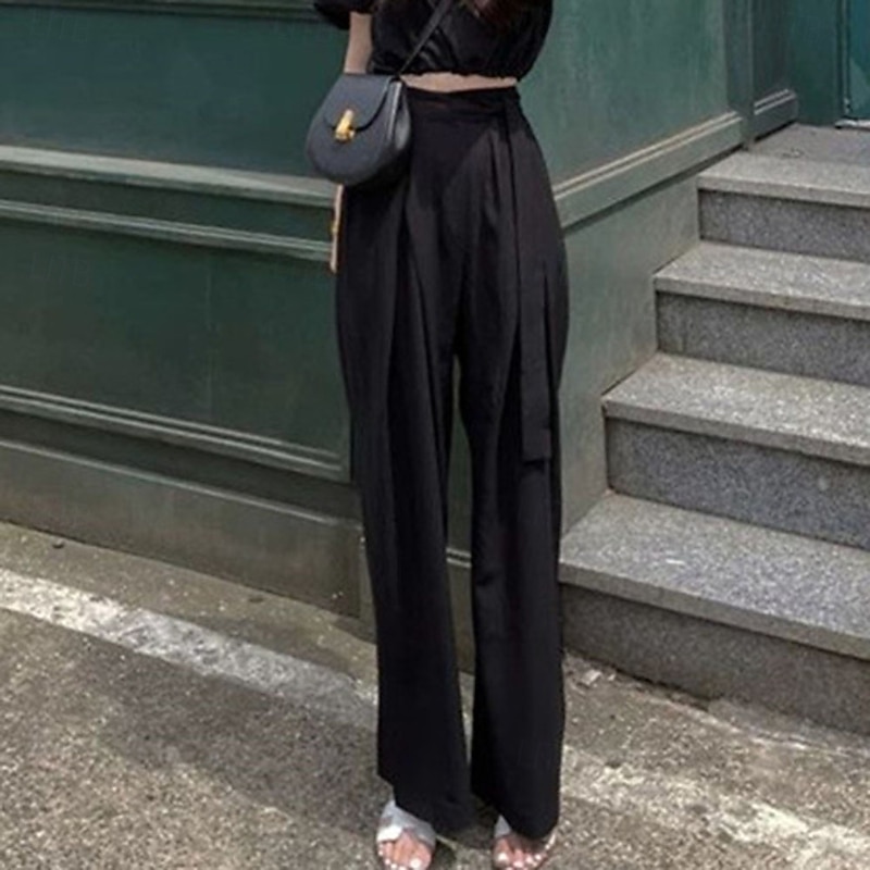 Women's Wide Leg Chinos Casual Calf-Length Natural Plain Side Pockets Wide Leg Comfy Breathability Casual Daily Black Red Green Coffee Spring Fall Loose Fit2