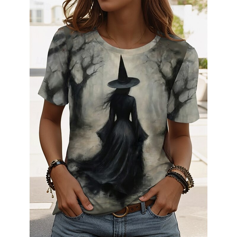 Halloween Women's T shirt Witch Graphic Vintage Stylish Classic Short Sleeve Crew Neck Round Neck Regular Tops Daily Weekend Print Black Pink Blue Sky Blue Purple Summer Spring CHICKEN2