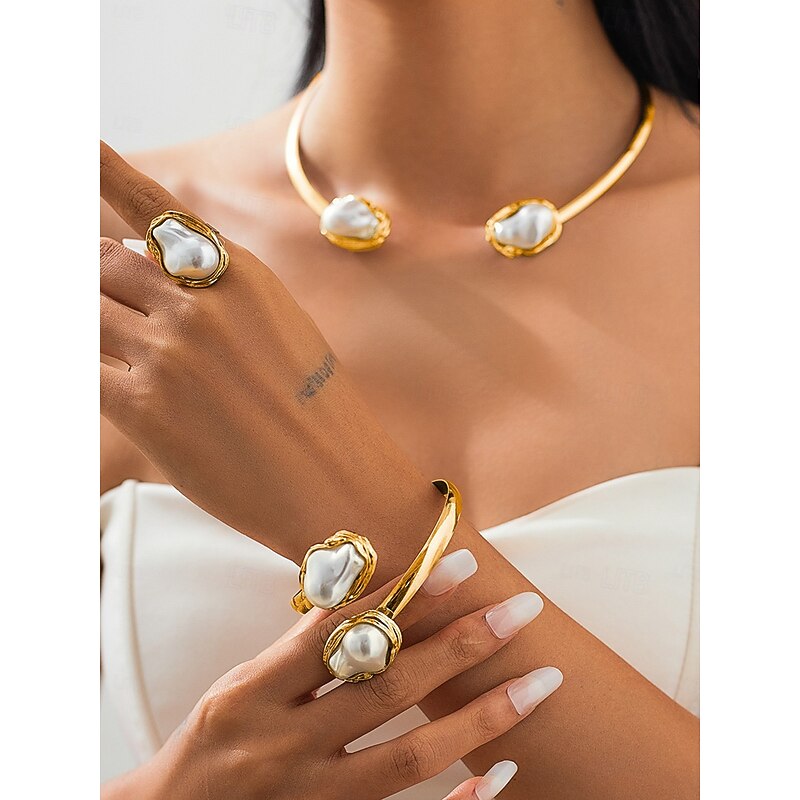 Women's Gold Chunky Choker,Bracelet, Ring Necklace with Baroque Pearl - Bold Statement Jewelry for Weddings, Galas and Evening Parties