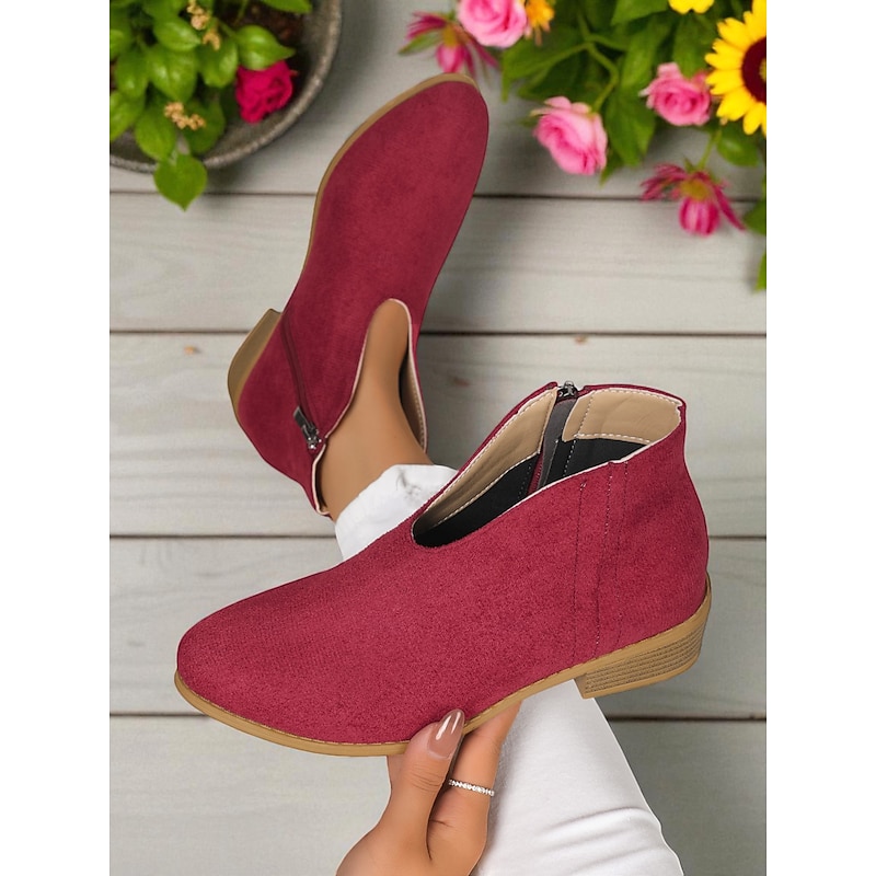 Women's Red Faux Suede Ankle Boots with Side Zipper – Casual & Elegant Style for Garden Parties, Park Walks and Daily Wear2