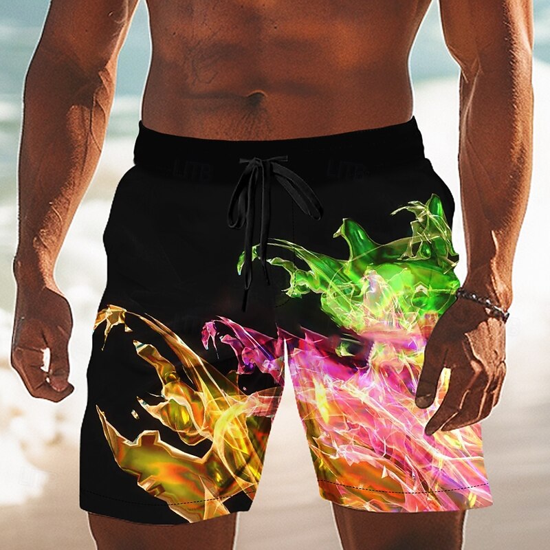 Men's Colorful Flame Swim Trunks Swim Shorts Board Shorts Mid Waist Casual Outdoor Vacation Dailywear Side Pockets Mesh Lining Elastic Drawstring Waist Designer Clothing Apparel