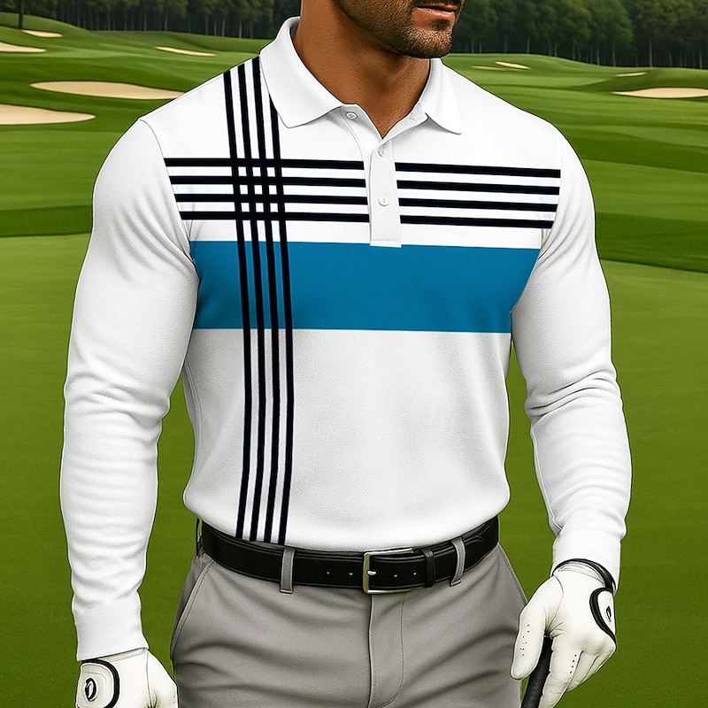 Men's Golf Line Polo Long Sleeve Polo Shirts Collared Shirts Sportswear Athleisure Daily Wear 3D Print Spring Fall Blue Green2