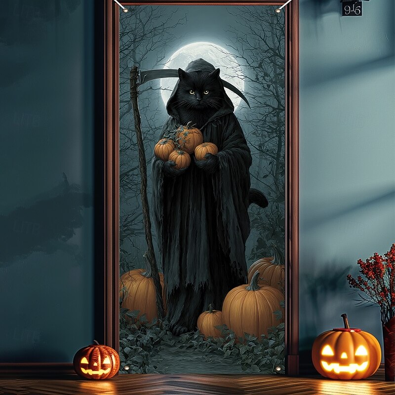 Halloween Door Cover Outdoor Banners Pumpkin Cat Psychedelic Dark Punk Gothic Style Party Outdoor Shooting Backgrounds Front Door Wall Porch Home Decor4