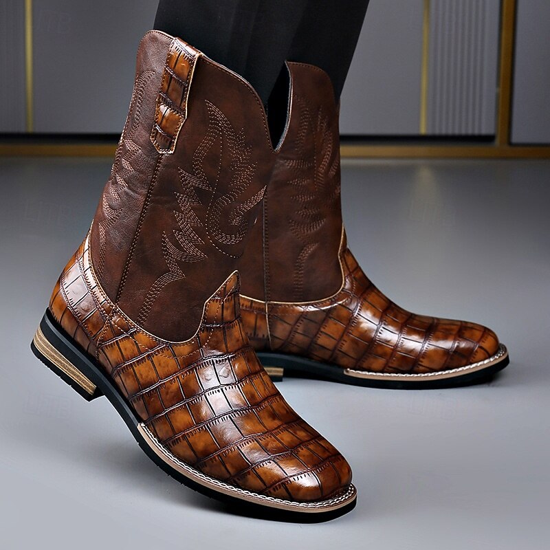 Men's Brown Faux Leather Crocodile Print Western Boots – Exotic Cowboy Style Footwear for Casual and Country Events