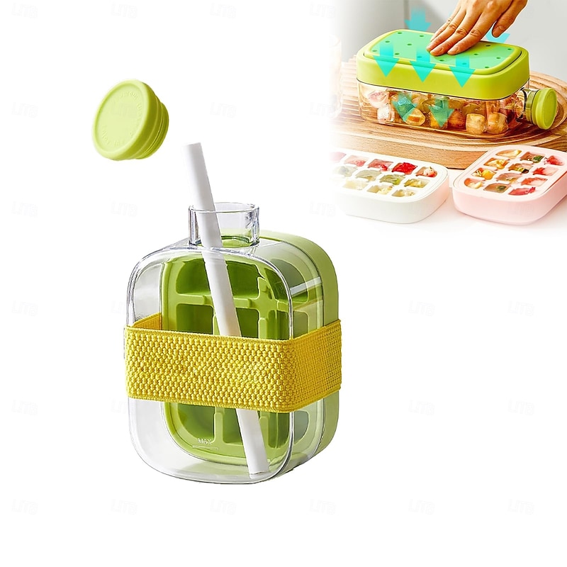 Ice Cube Bottle, 2 in 1 Touch-Free Ice Cube Tray Water Bottle with Lid and Bin, Ice Cube Making Bottle, Easy Press to Release Vertical Ice Cube Tray with straw tie3